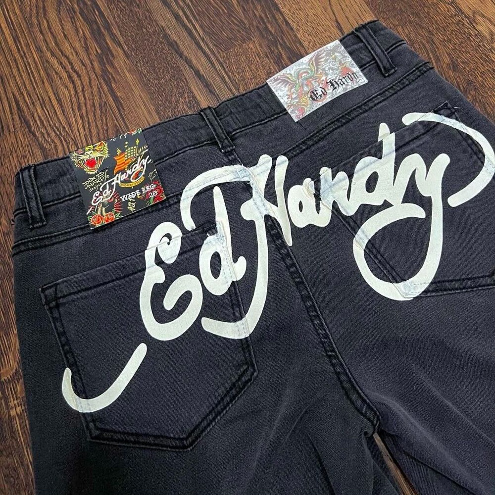 ed hardy faded black denim wide leg jeans “love kills slowly” size 26 (NWT)